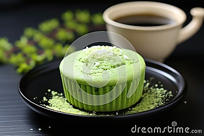a green tea-flavored cupcake on a black ceramic plate Stock Photo