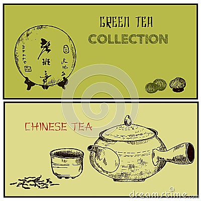 Green tea and health care herbs banners set sketch vector illustration. Tea leaves, chinese teapot, herbs and puer tea Vector Illustration