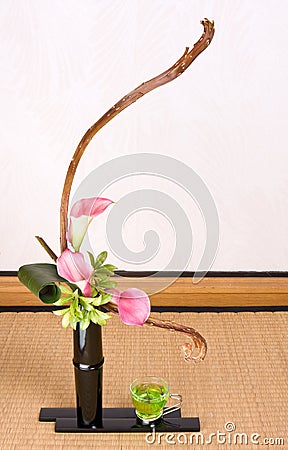 Green tea and ikebana Stock Photo