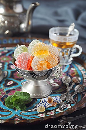 Green Tea and jelly sweets Stock Photo