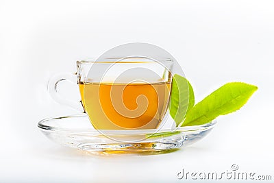 Green tea leaf and glass cup of black tea Stock Photo