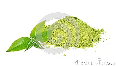 Green tea leaf and matcha powder isolated on white background. Stock Photo