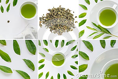 Green Tea Leaves Collage, Various Dry Tea Collection Stock Photo