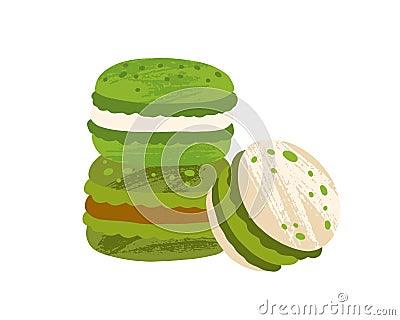 Green tea macaroons with fillings. Japanese macarons with matcha ganache, white chocolate and caramel. Asian natural Vector Illustration