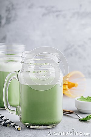 Green Tea Matcha Frappuccino in mason jar Stock Photo