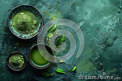 green tea and matcha powder on wood, in the style of dark compositions, aerial view, raw metallicity. Generative AI Stock Photo