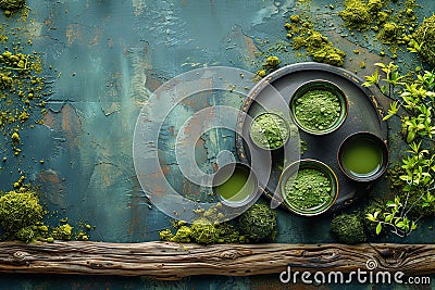 green tea and matcha powder on wood, in the style of dark compositions, aerial view, raw metallicity. Generative AI Stock Photo