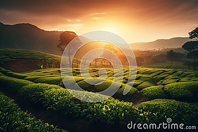 Green Tea Plantation at Sunrise with Tea Plants in the shining rays of the sun. Chinese Green Tea Landscape. Ai generated Cartoon Illustration