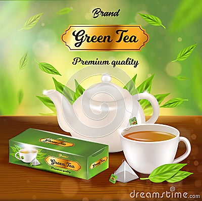 Green Tea Promo Banner, White Porcelain Pot, Pack Vector Illustration