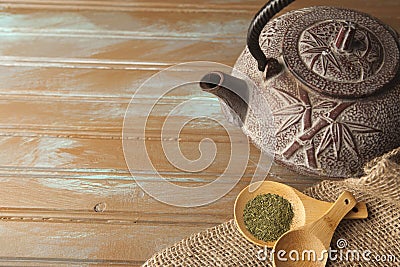 Green tea on rustic background Stock Photo