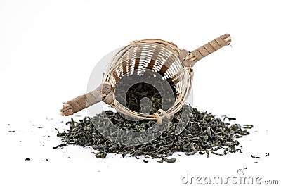 Green tea with sieve Stock Photo