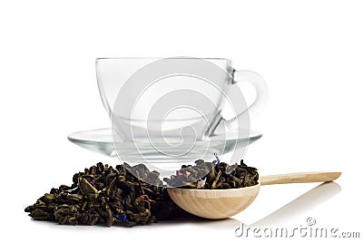 Green tea with a spoon, glass cup Stock Photo