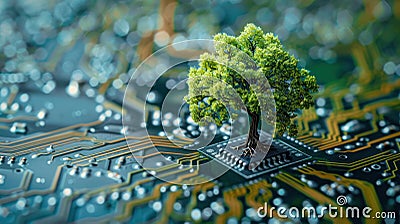 Green Technology: Tree Growing on Converging Point of Computer Circuit Board, Representing CSR and IT Ethics in Environmentally Stock Photo