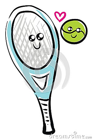 Clipart of the tennis ball and racket in love viewed from the front, vector or color illustration Vector Illustration