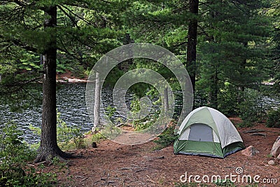 Green Tent beside Algonquin Lake Stock Photo