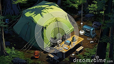 a green tent in the woods with a table next to it, in the style of anime art Cartoon Illustration