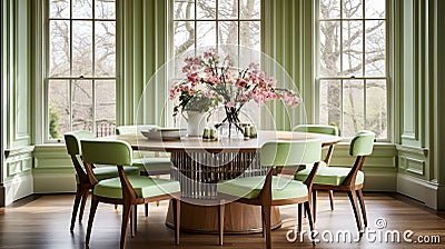 Green themed dining room designer round table wood upholstered dining chairs oak laminate flooring large Bay Generative AI Stock Photo