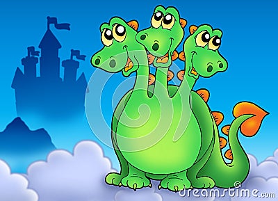 Green three headed dragon on sky Cartoon Illustration