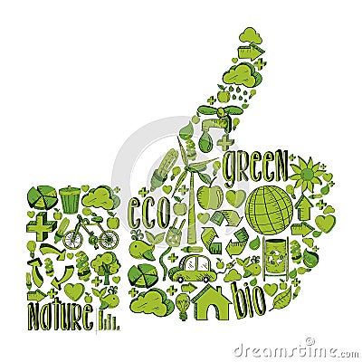 Green Thumb up with environmental icons Vector Illustration