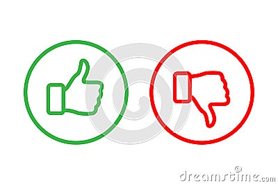 Green Thumbs up and red Thumbs down line icons inside rings isolated on white background. Vector design elements. Vector Illustration