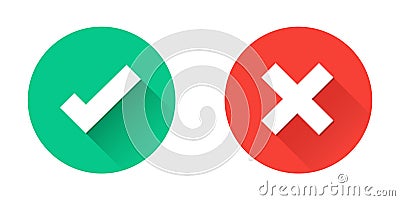 Green tick and red cross checkmarks in circle flat icons. Vector Illustration