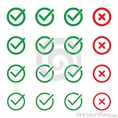 Green tick and red cross checkmarks in circle flat icons. Yes or no line symbol, approved or rejected icon. Vector Illustration