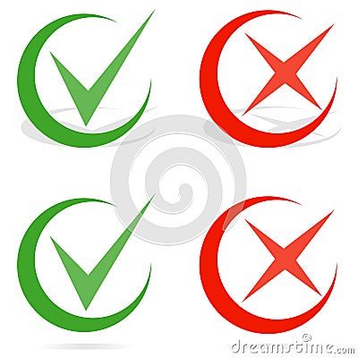 Green tick and red cross checkmarks. Line check mark. Vector Illustration