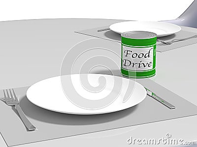 Charity food drive concept tin can next to plate Cartoon Illustration