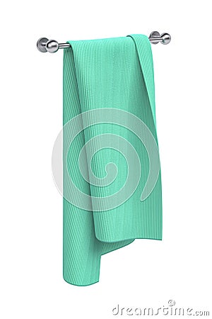 Green towel hung on a long metal holder - isolated on white Stock Photo