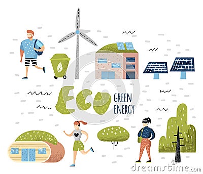 Green Town Concept. Environmental Conservation. Eco City Future Technologies For Preservation of the Planet Vector Illustration