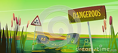 Green toxic swamp and reed, liquid waste barrels Cartoon Illustration