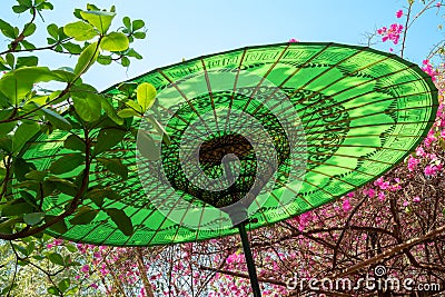 Green traditional burmese umbrella in garden, Burma Myanmar Stock Photo