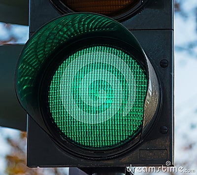 Green traffic light close up Stock Photo