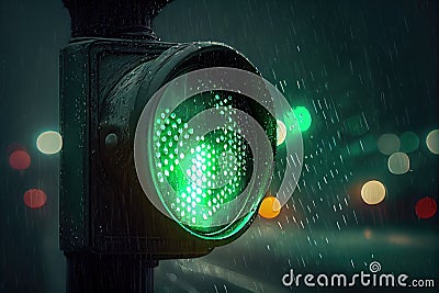 green traffic light shining in night sky, with cityscape and stars visible Stock Photo