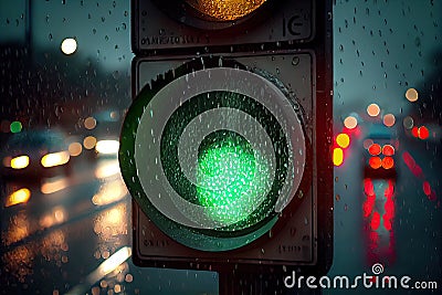 green traffic light shining in night sky, with cityscape and stars visible Stock Photo