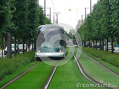 Green tram line in Strasburg ecological transportation means. Stock Photo