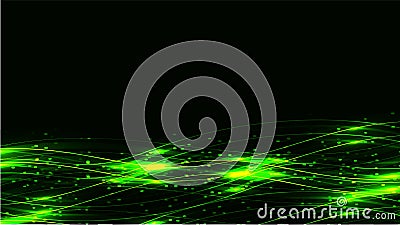 Green transparent abstract shining magical cosmic magical energy lines, rays with highlights and dots and light auroras on a dark Cartoon Illustration