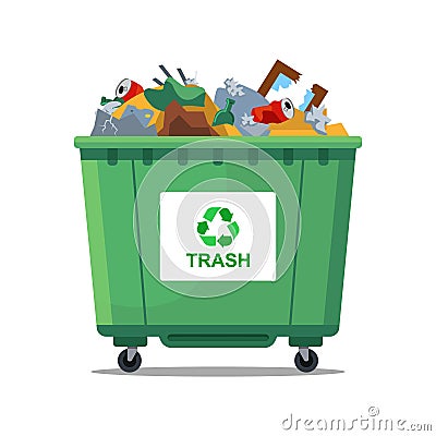 The green trash can is full of waste. Vector Illustration