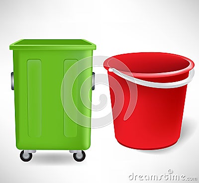Green trash container and red bucket Vector Illustration