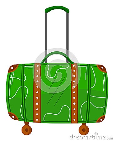 Green travel suitcase with wheels, ready for a journey. Vibrant luggage for vacation depicts mobility, travel Vector Illustration