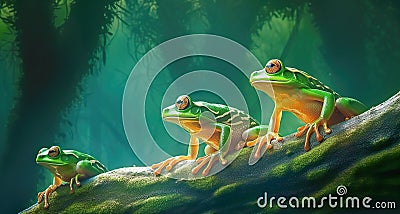 The green tree frogs lined up to rest and relax. Stock Photo