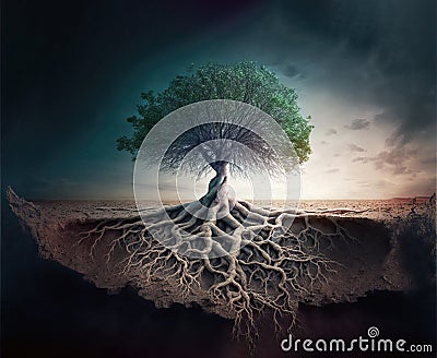 Green tree growing on the edge of wasteland with twisted roots g Cartoon Illustration