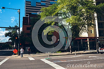 Green tree in the middle of thee street, city of Denver Colorado USA Editorial Stock Photo