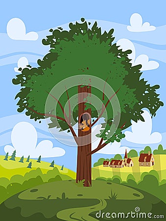 Green Tree Oak, beautiful country rural landscape, farm, village on backgriund. Summer, spring seasone. Vector Vector Illustration