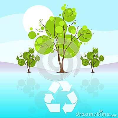 Green tree recycle flat eco icon blue sky clouds Vector Illustration