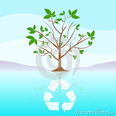 Green Tree Recycle Flat Eco Icon Blue Sky Clouds Vector Illustration