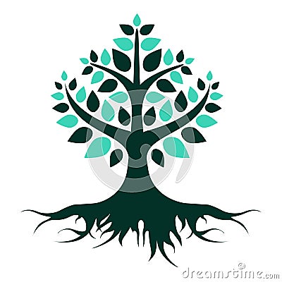 Green tree with roots on a white background. Vector Illustration. Stock Photo