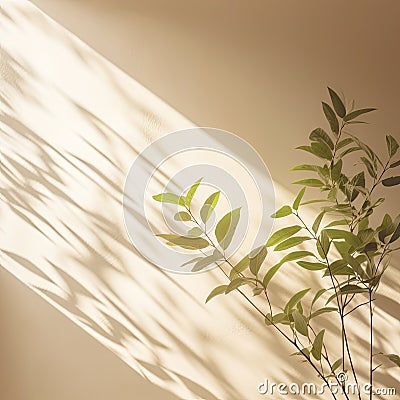 Green tree and shadow on a wall background. Olive color stylish flat lay with trendy shadow and sun light,Generative, AI, Stock Photo