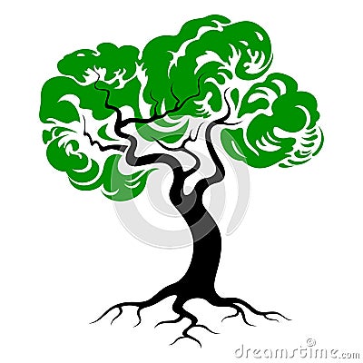 Green tree silhouette with roots. Tree icon. Vector Illustration