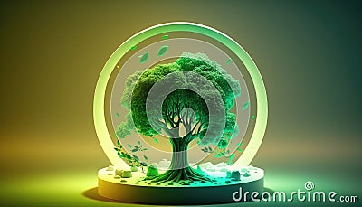 Green tree symbol on circle podium light green background, pure nature fresh air tree miniature Stock Photo